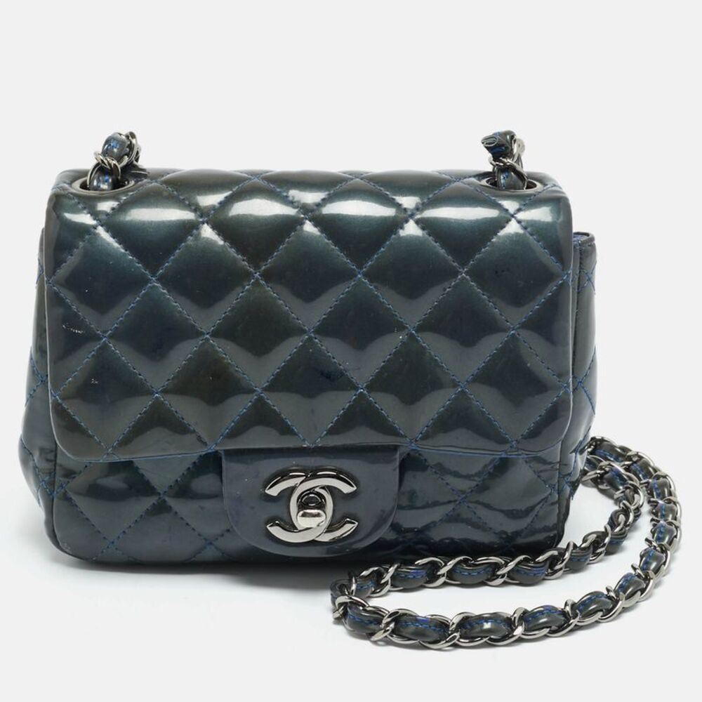 Chanel Square Classic Single Flap Mini Dark Teal Quilted Patent Leather Bag